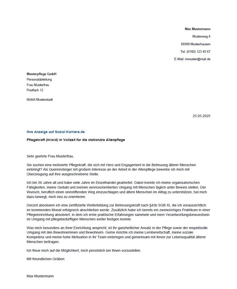 Bewerbung Quereinsteiger Muster