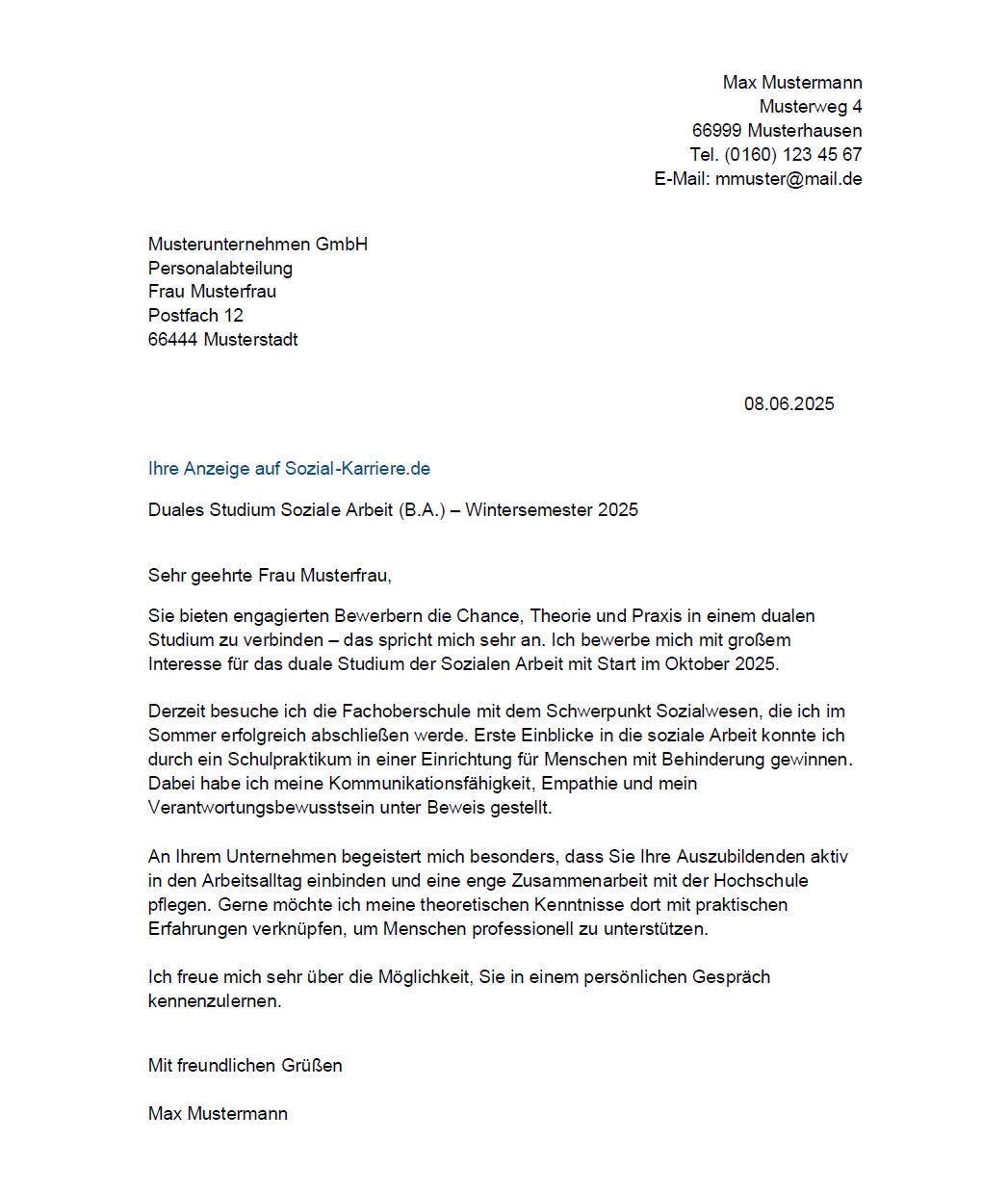 Bewerbung Duales Studium Anschreiben