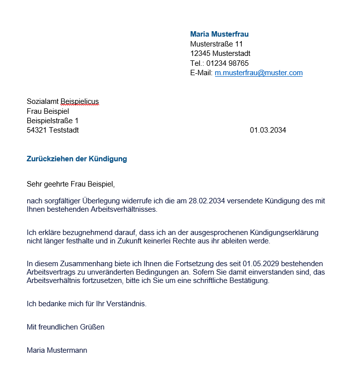 Kündigung Widerrufen Muster