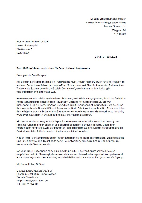 Empfehlungsschreiben Sozialwesen