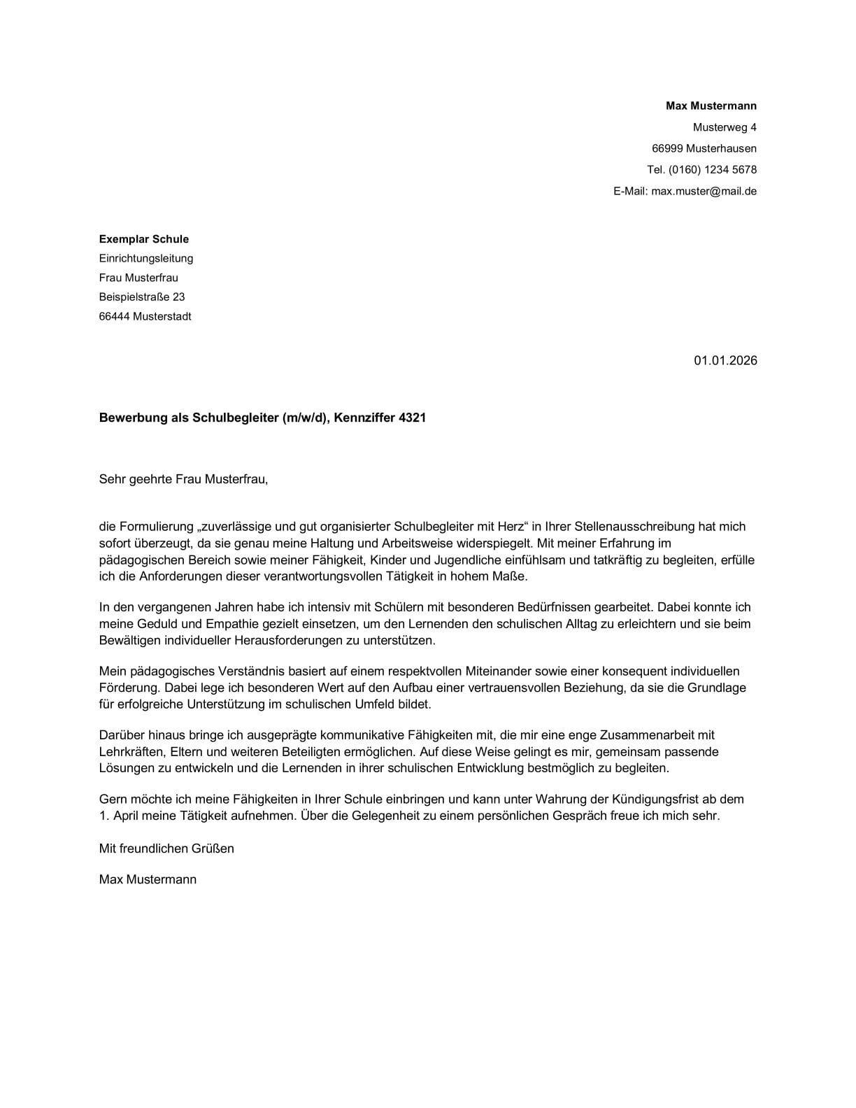 Anschreiben Muster Schulbegleiter Bewerbung Min