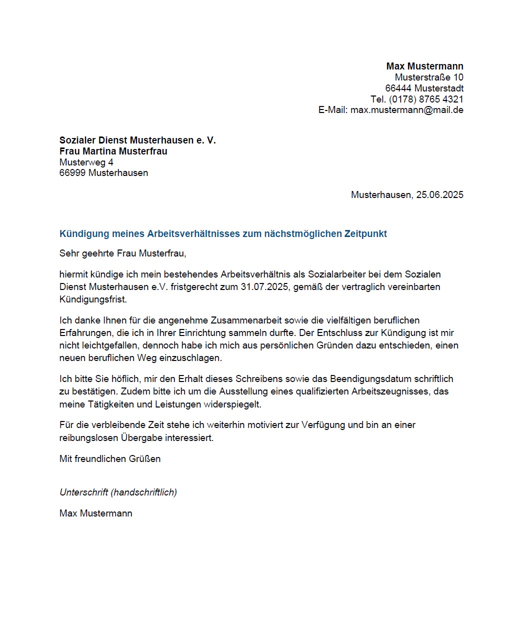 Kündigungsschreiben Vorlage