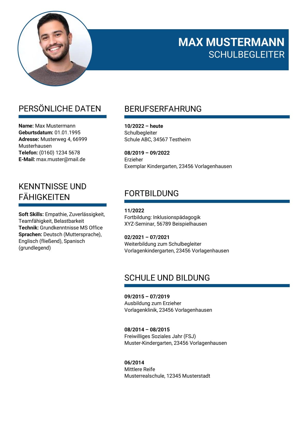 Lebenslauf Muster Schulbegleiter Bewerbung Min