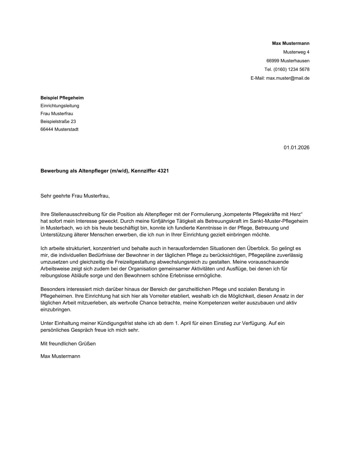 Anschreiben Vorlage Altenpfleger Bewerbung