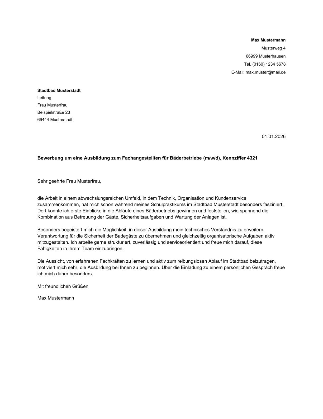 Anschreiben Vorlage Ausbildung Fachangestellter Für Bäderbetriebe Bewerbung