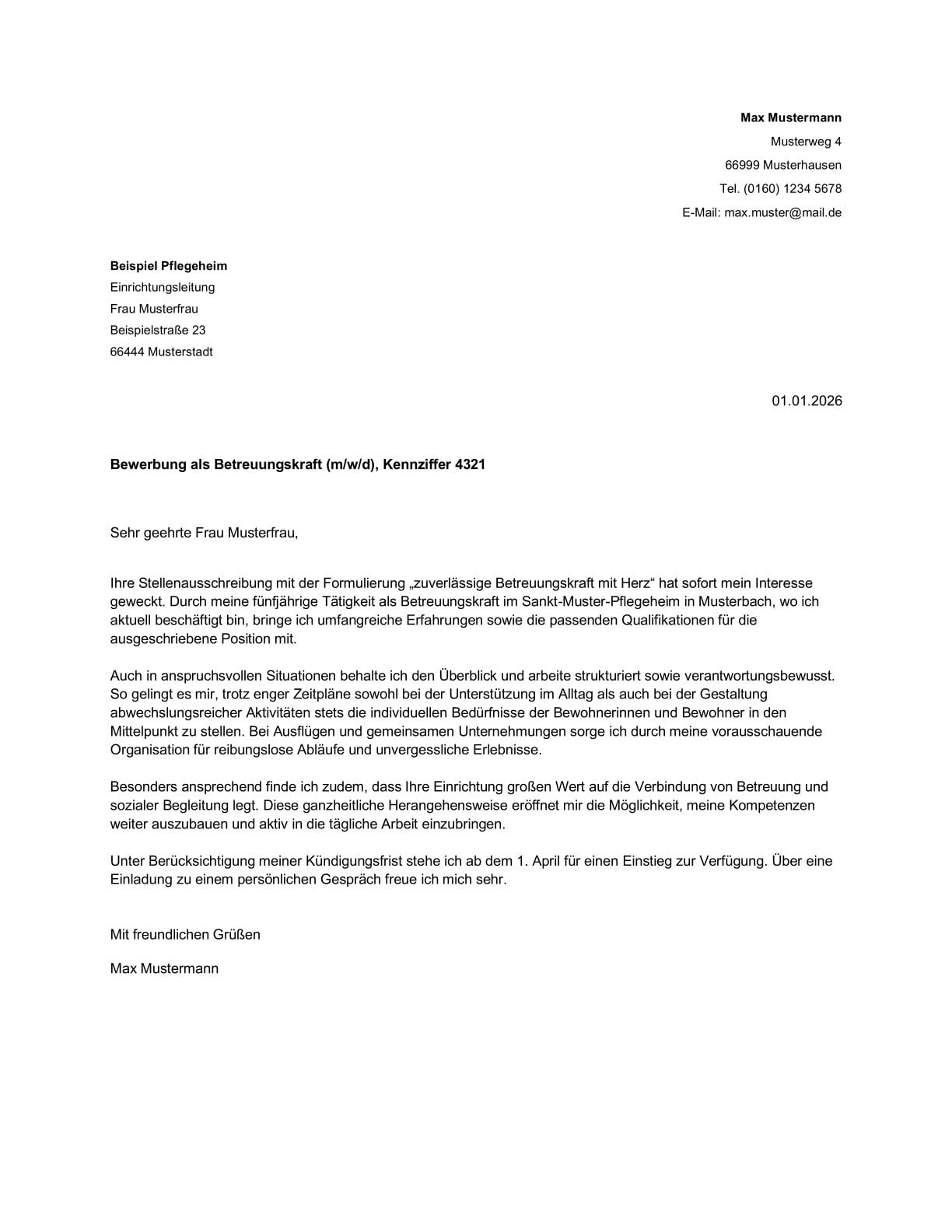 Anschreiben Vorlage Betreuungskraft Bewerbung