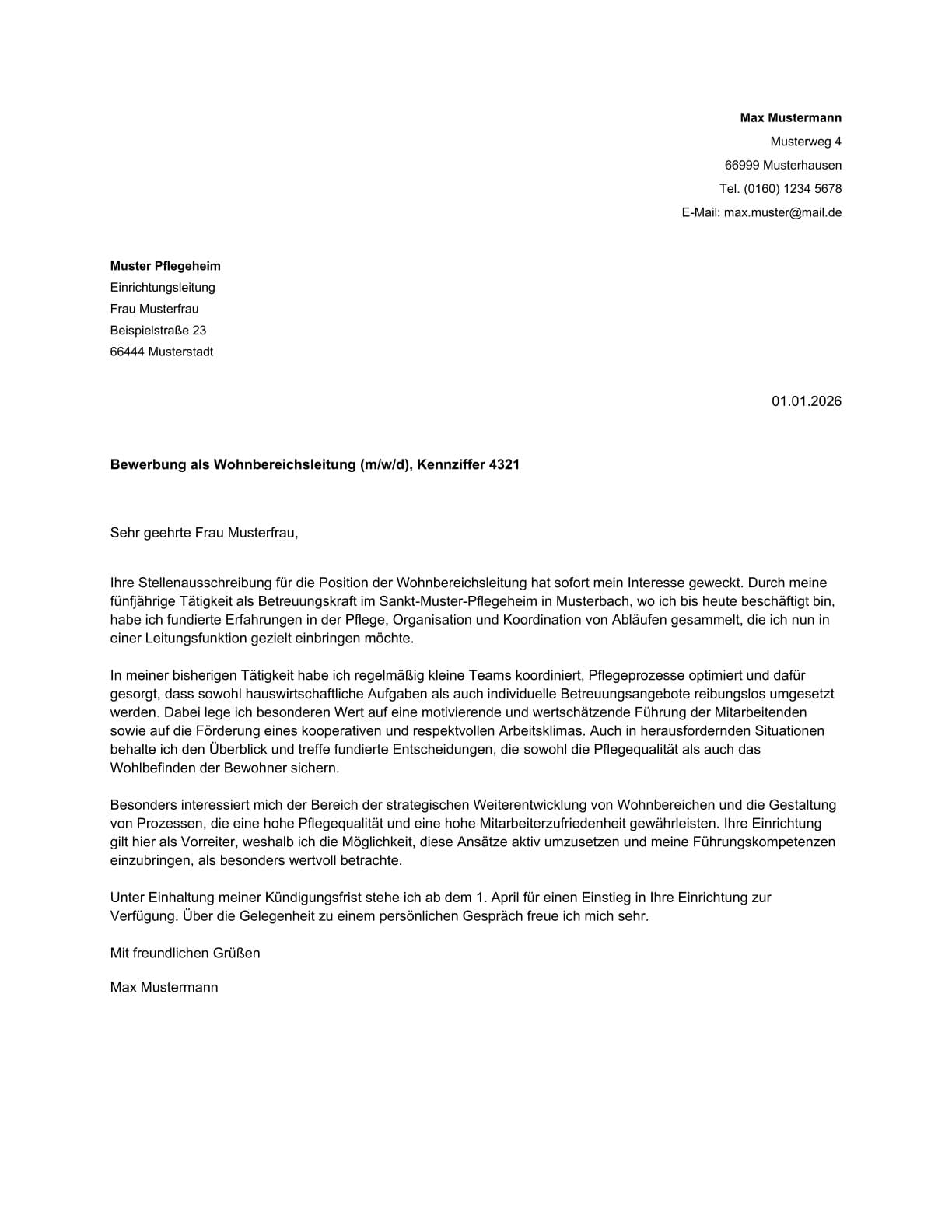 Anschreiben Vorlage Wohnbereichsleitung Bewerbung