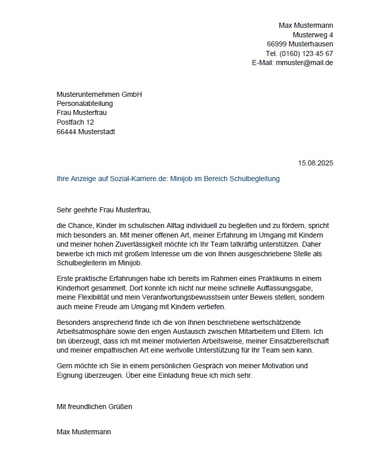 Bewerbung Minijob Muster Anschreiben