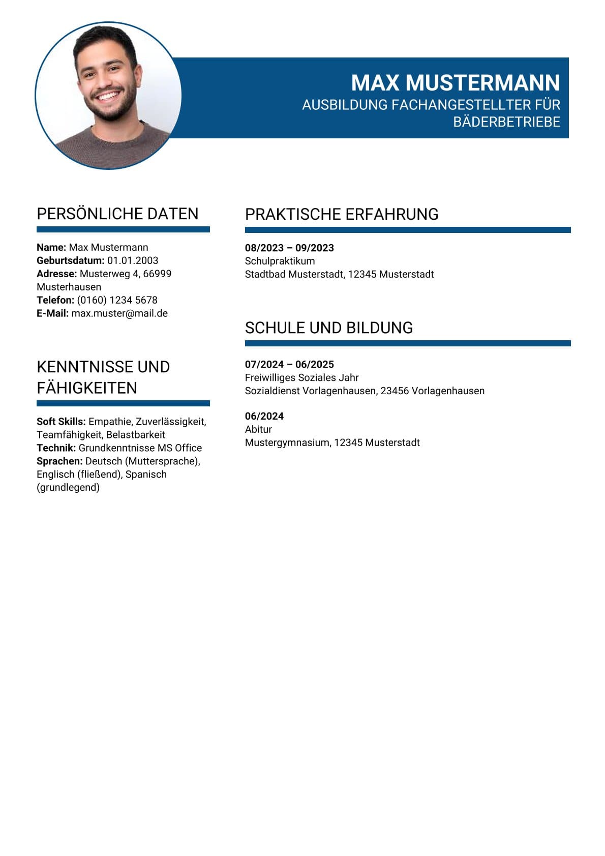 Lebenslauf Muster Ausbildung Fachangestellter Für Bäderbetriebe Bewerbung