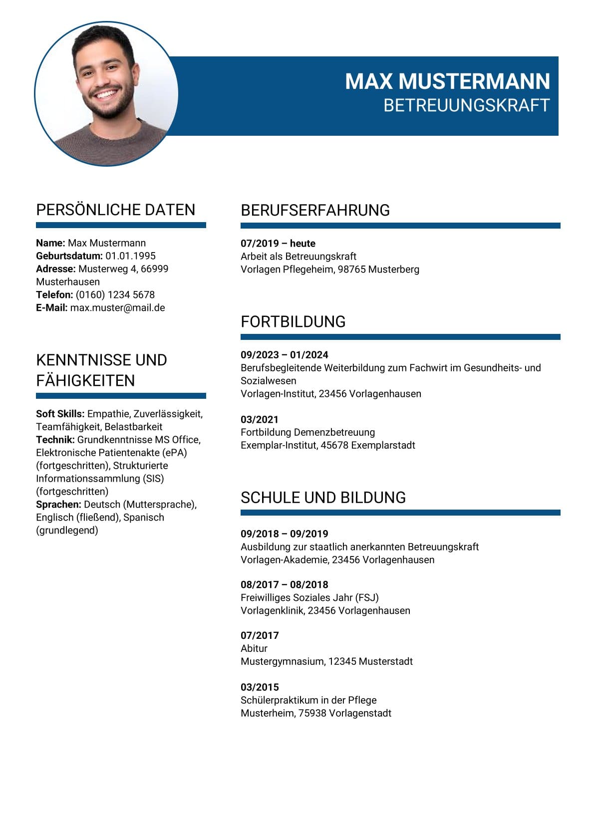 Lebenslauf Muster Betreuungskraft Bewerbung