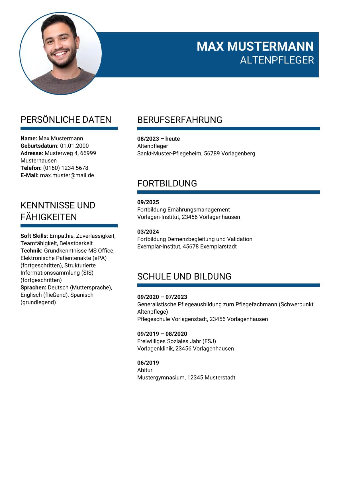 Lebenslauf Vorlage Altenpfleger Bewerbung
