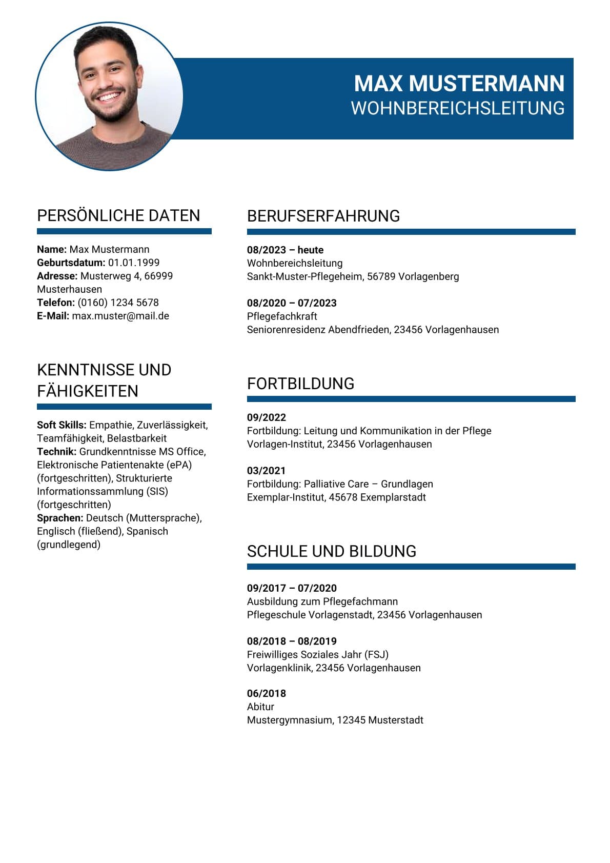 Lebenslauf Vorlage Wohnbereichsleitung Bewerbung