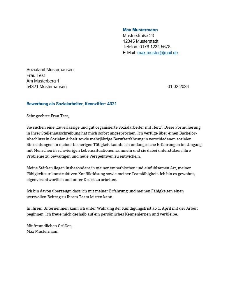 Muster Anschreiben Sozialarbeiter Bewerbung