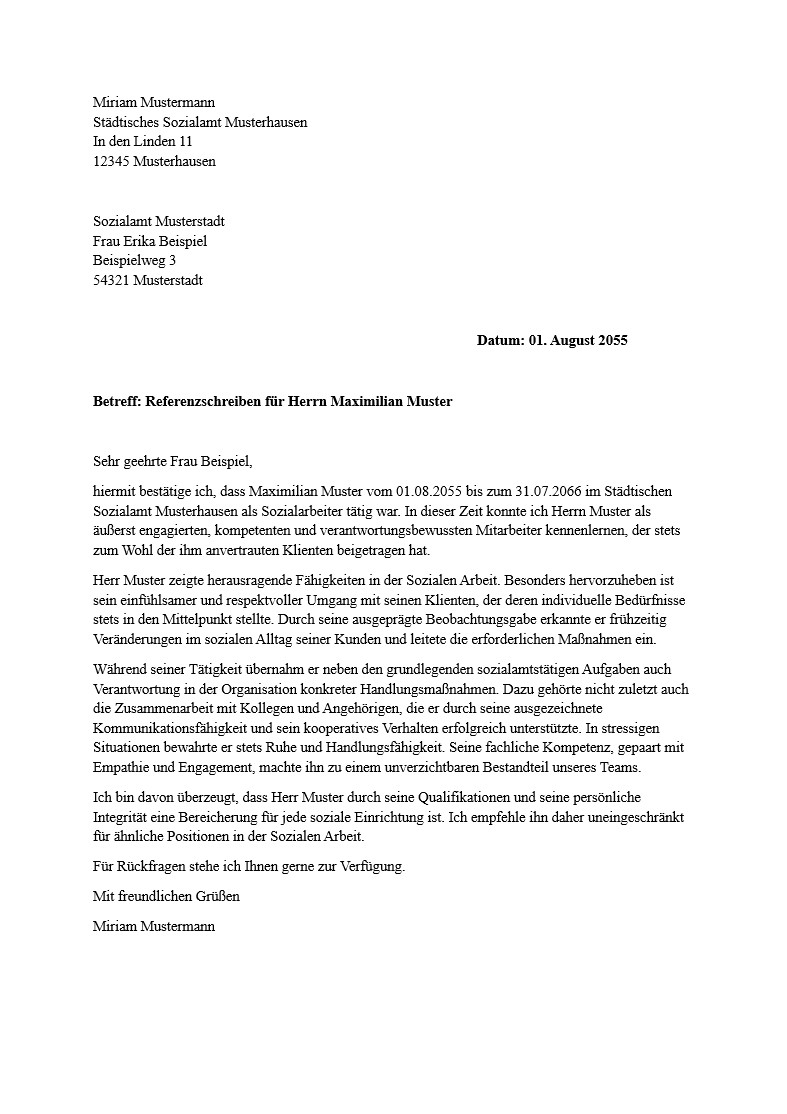 Referenzschreiben Sozialarbeit