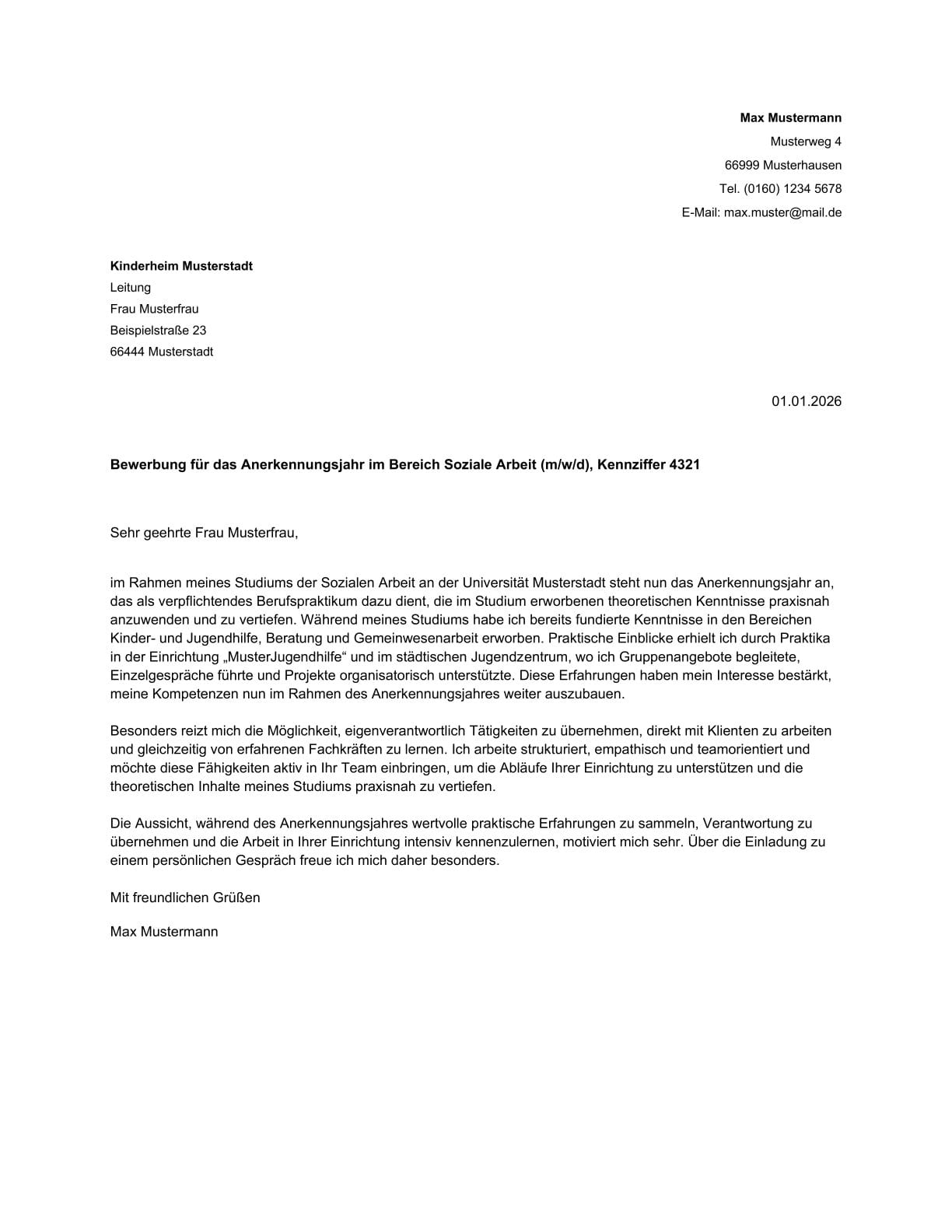 Anschreiben Muster Anerkennungsjahr Soziale Arbeit Bewerbung Min