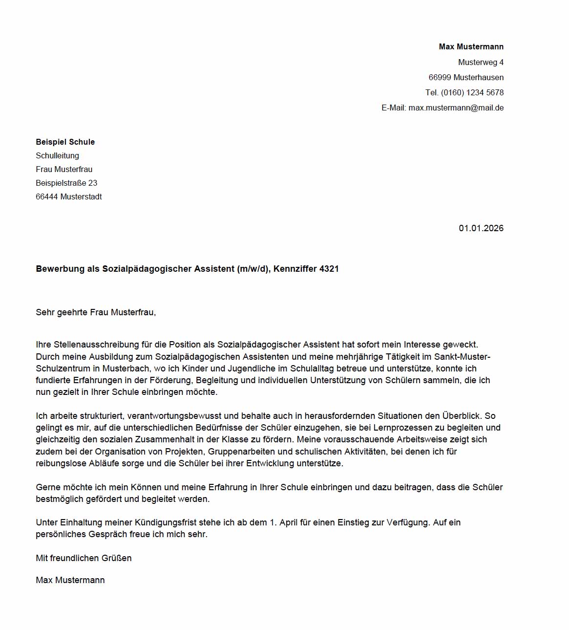 Anschreiben Sozialpädagogischer Assistent Vorlage Bewerbung