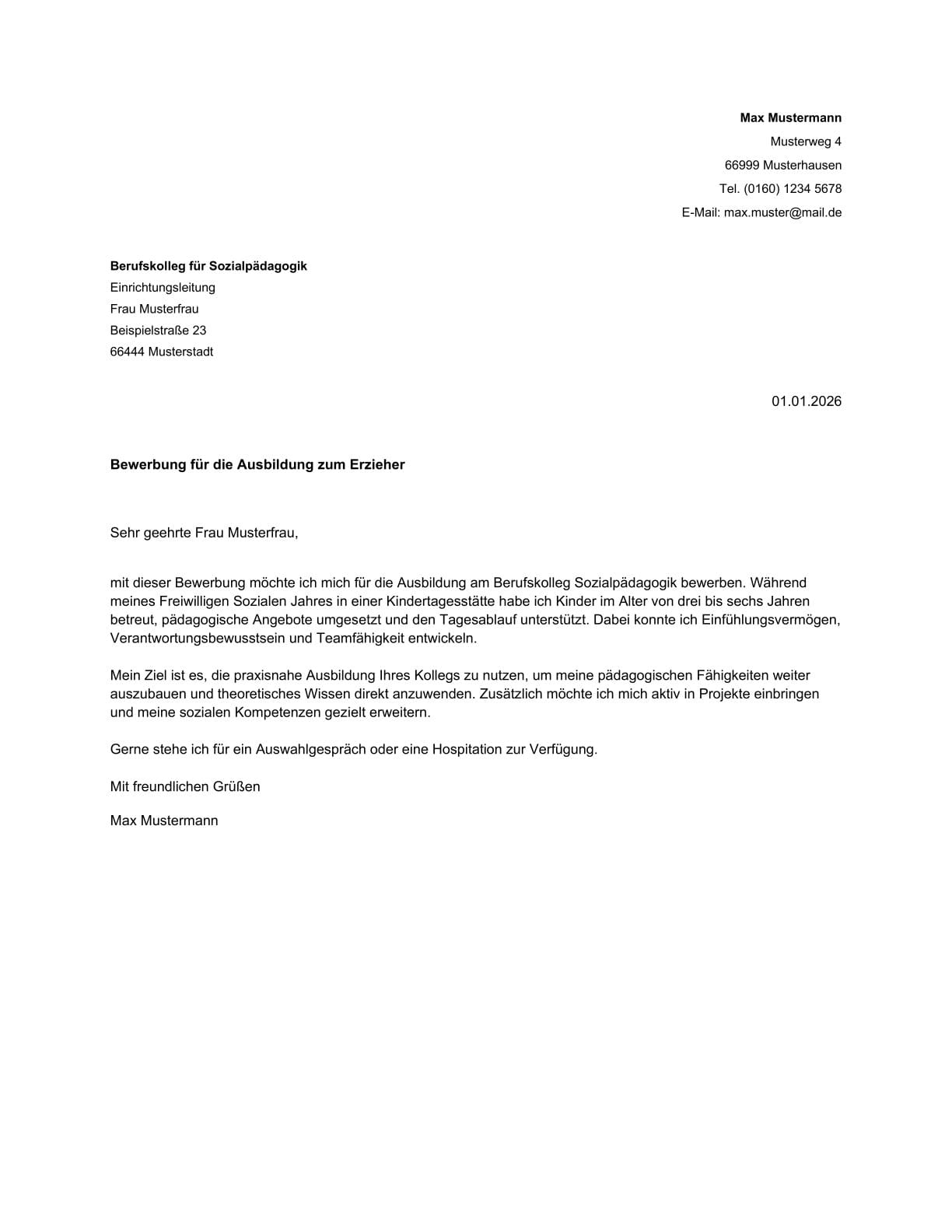 Anschreiben Vorlage Bewerbung Berufskolleg Sozialpädagogik