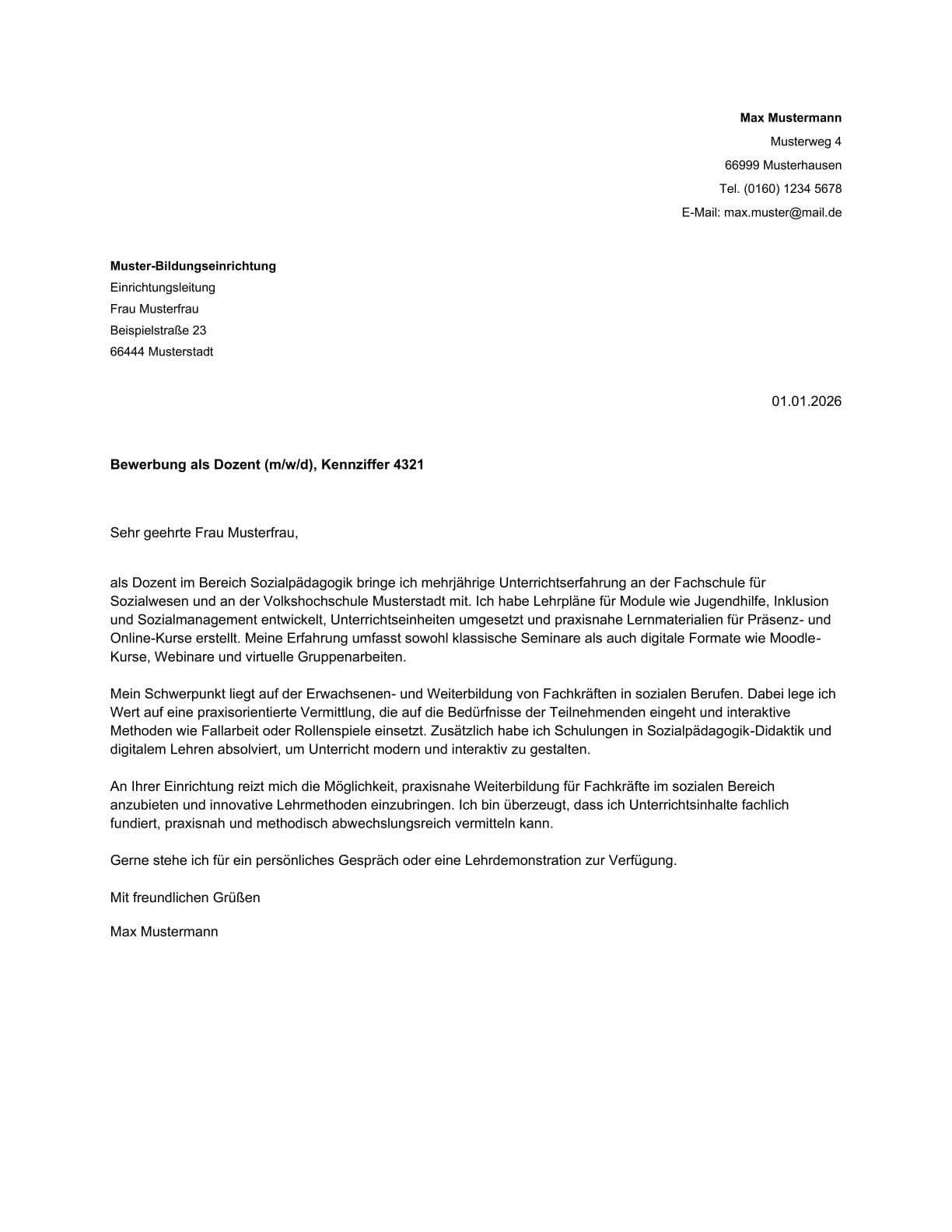 Anschreiben Vorlage Dozent Bewerbung