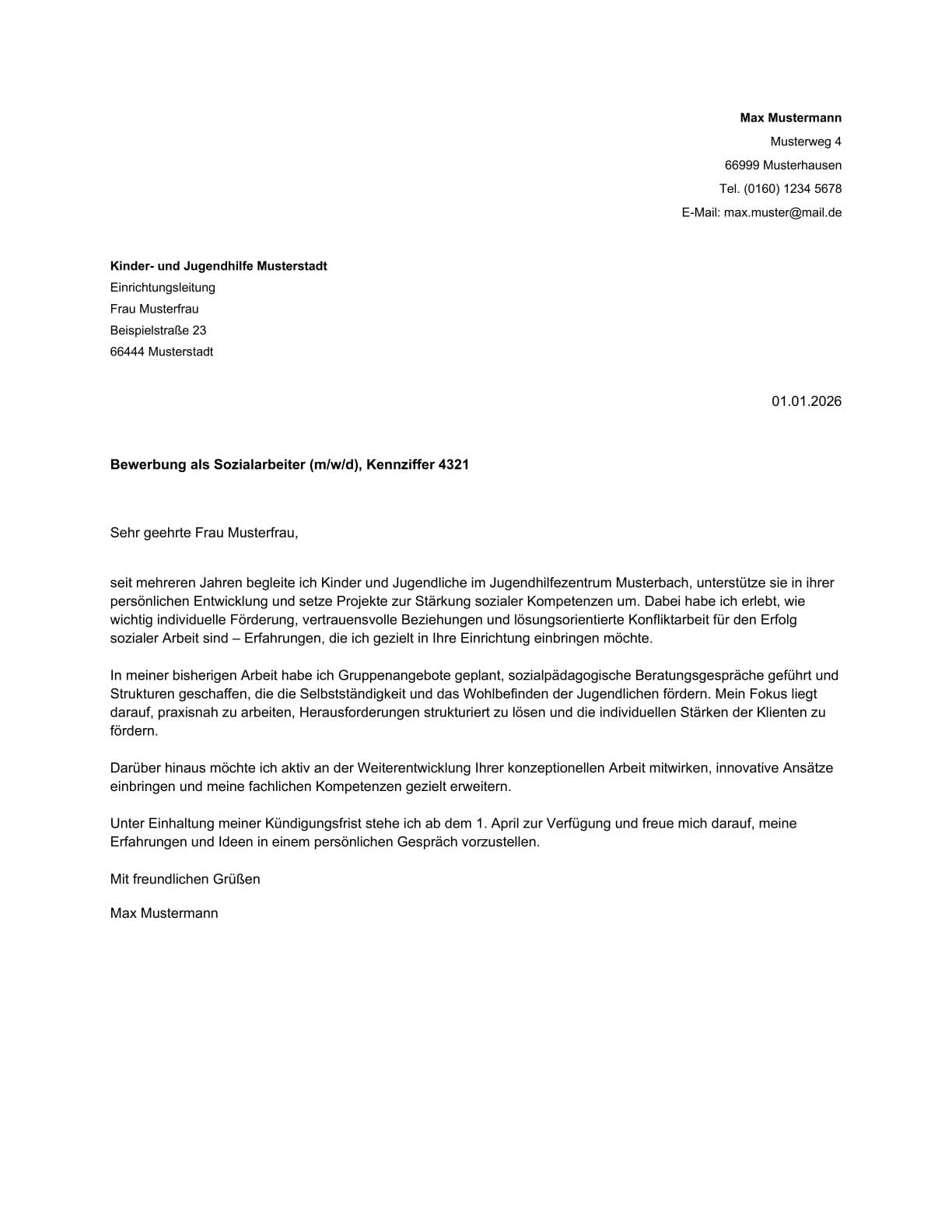 Anschreiben Vorlage Sozialarbeiter Bewerbung