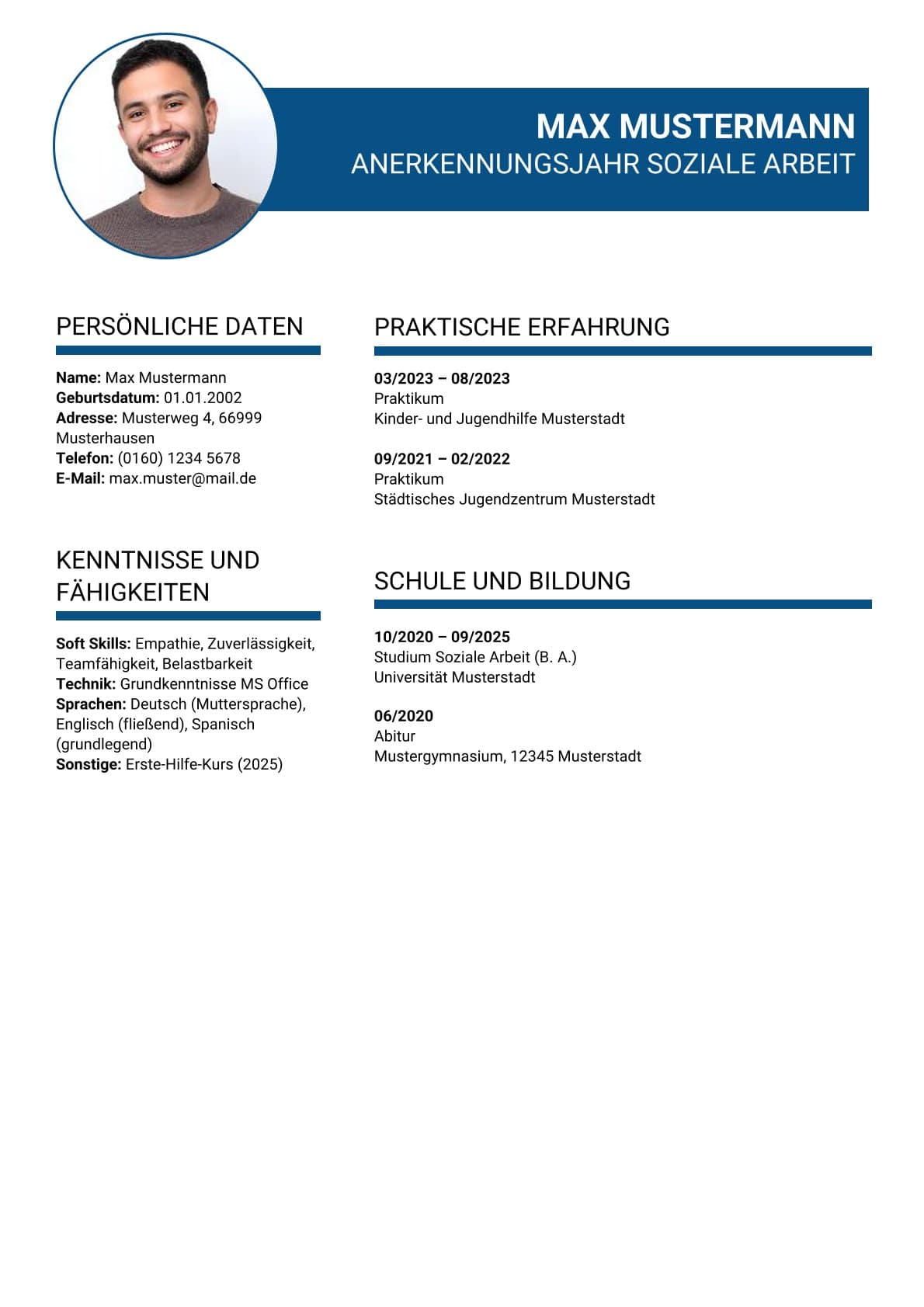 Lebenslauf Muster Anerkennungsjahr Soziale Arbeit Bewerbung Min