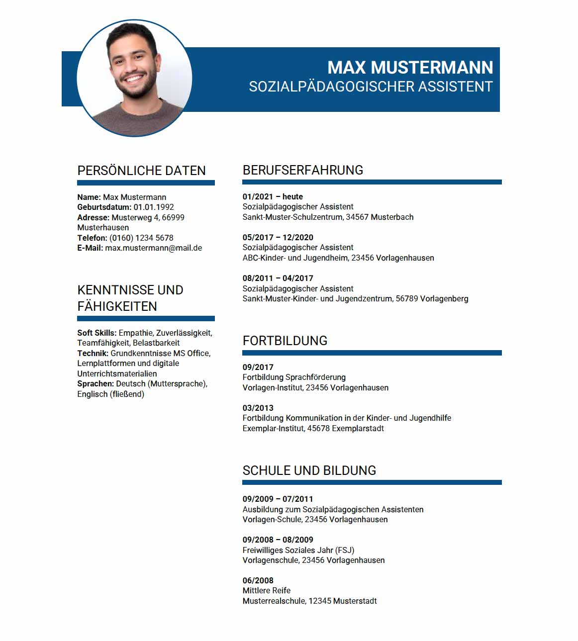 Lebenslauf Sozialpädagogischer Assistent Vorlage Bewerbung