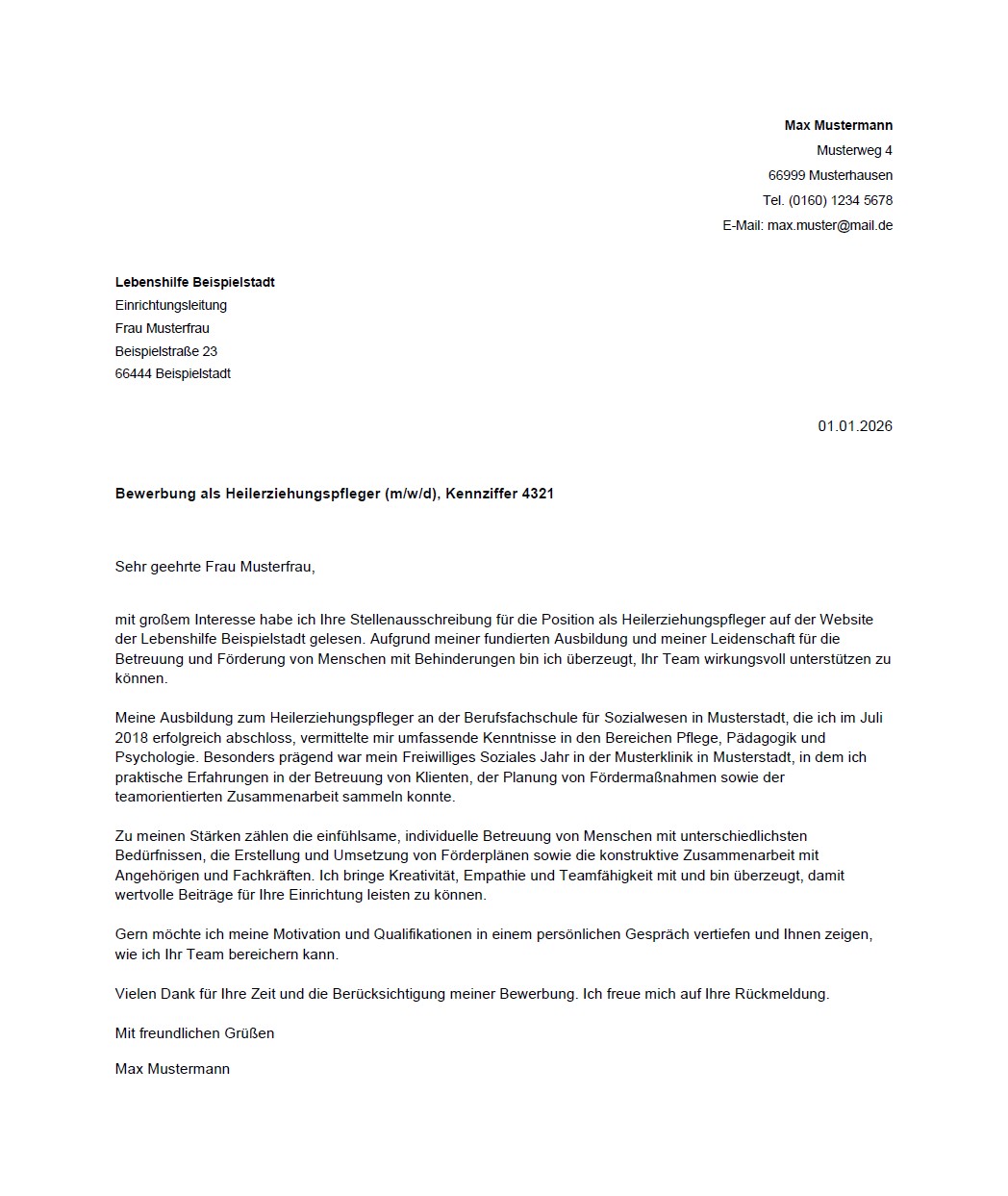 Vorlage Anschreiben Bewerbung Heilerziehungspfleger