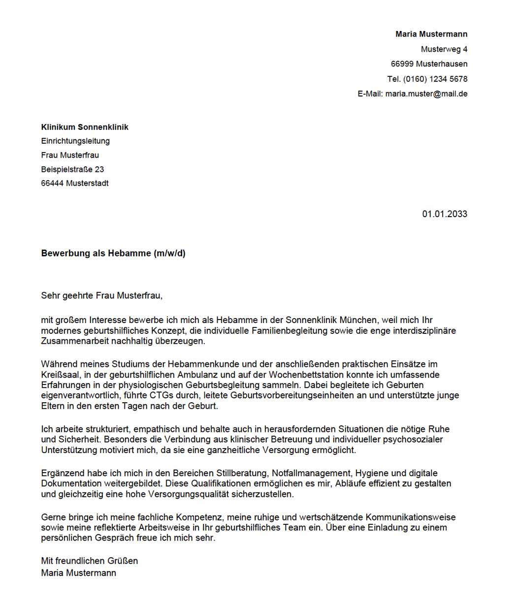 Anschreiben Muster Hebamme Bewerbung