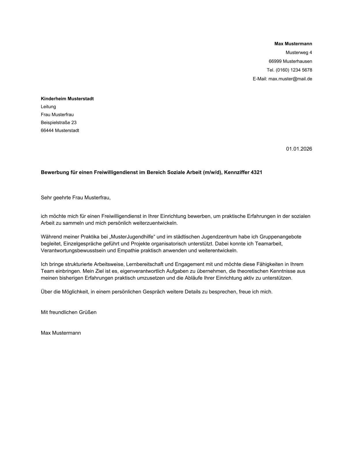 Anschreiben Muster Freiwilligendienst Bewerbung