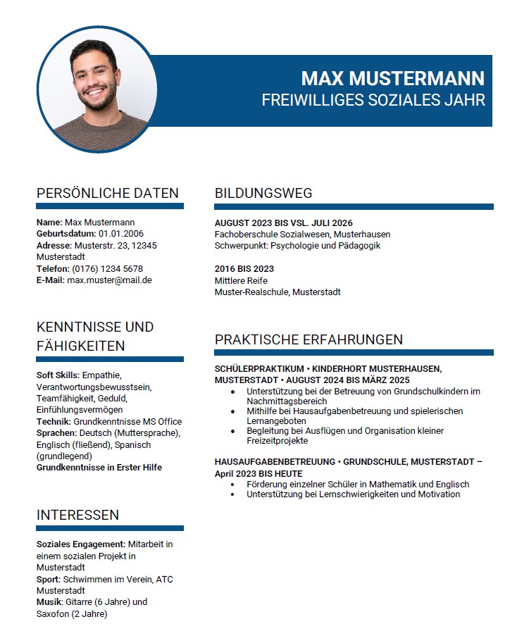 Bewerbung FSJ Pädagogik Muster Lebenslauf