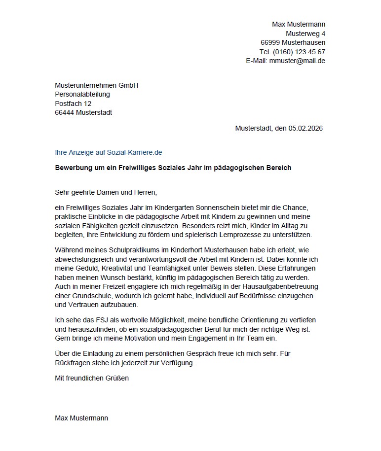 Bewerbung FSK Pädagogik Muster Anschreiben
